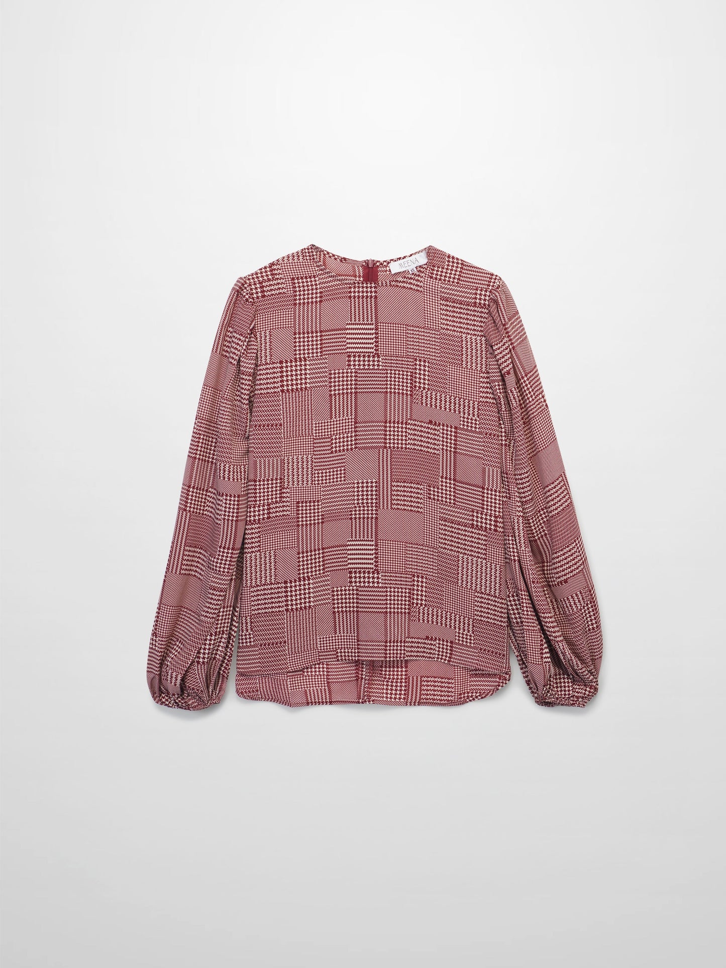 Houndstooth Blouson Sleeve Blouse-Burgundy-1