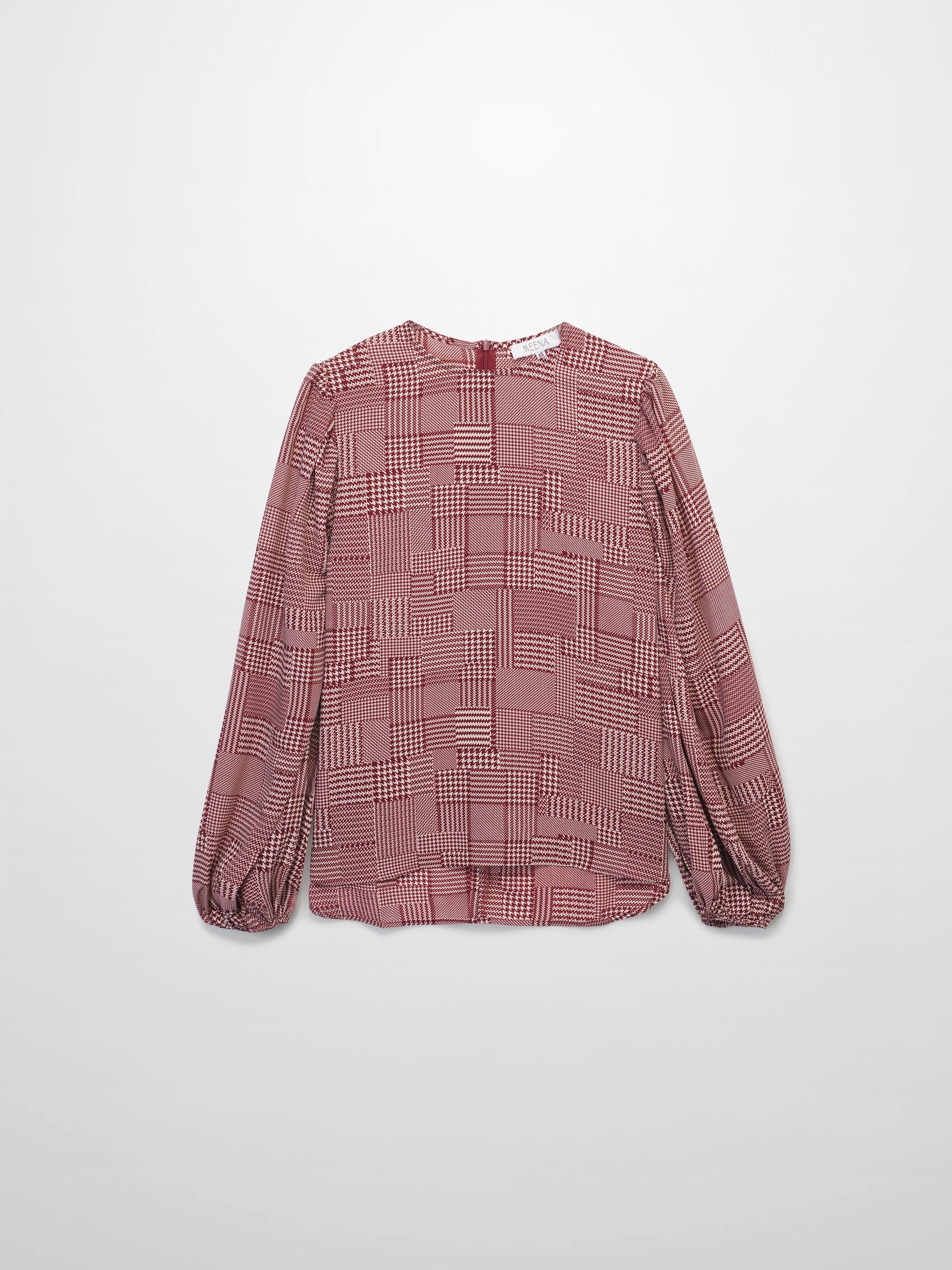 Houndstooth Blouson Sleeve Blouse-Burgundy-1