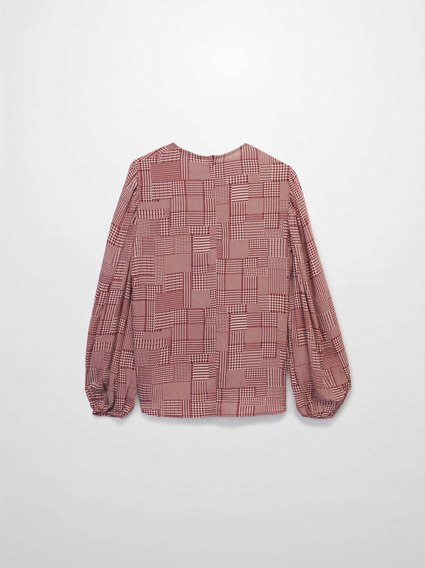 Houndstooth Blouson Sleeve Blouse-Burgundy-2