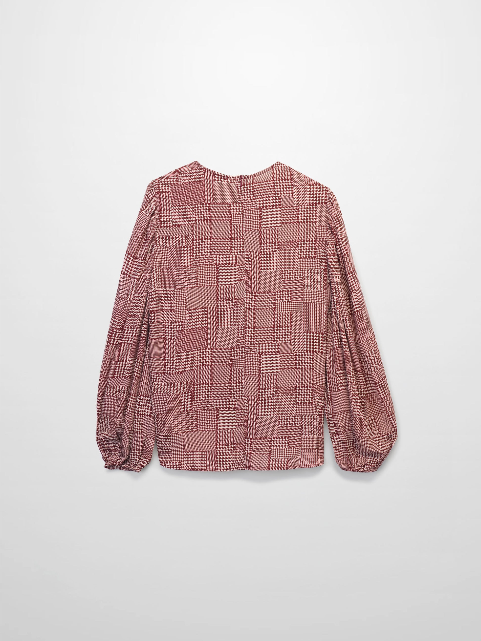 Houndstooth Blouson Sleeve Blouse-Burgundy-2