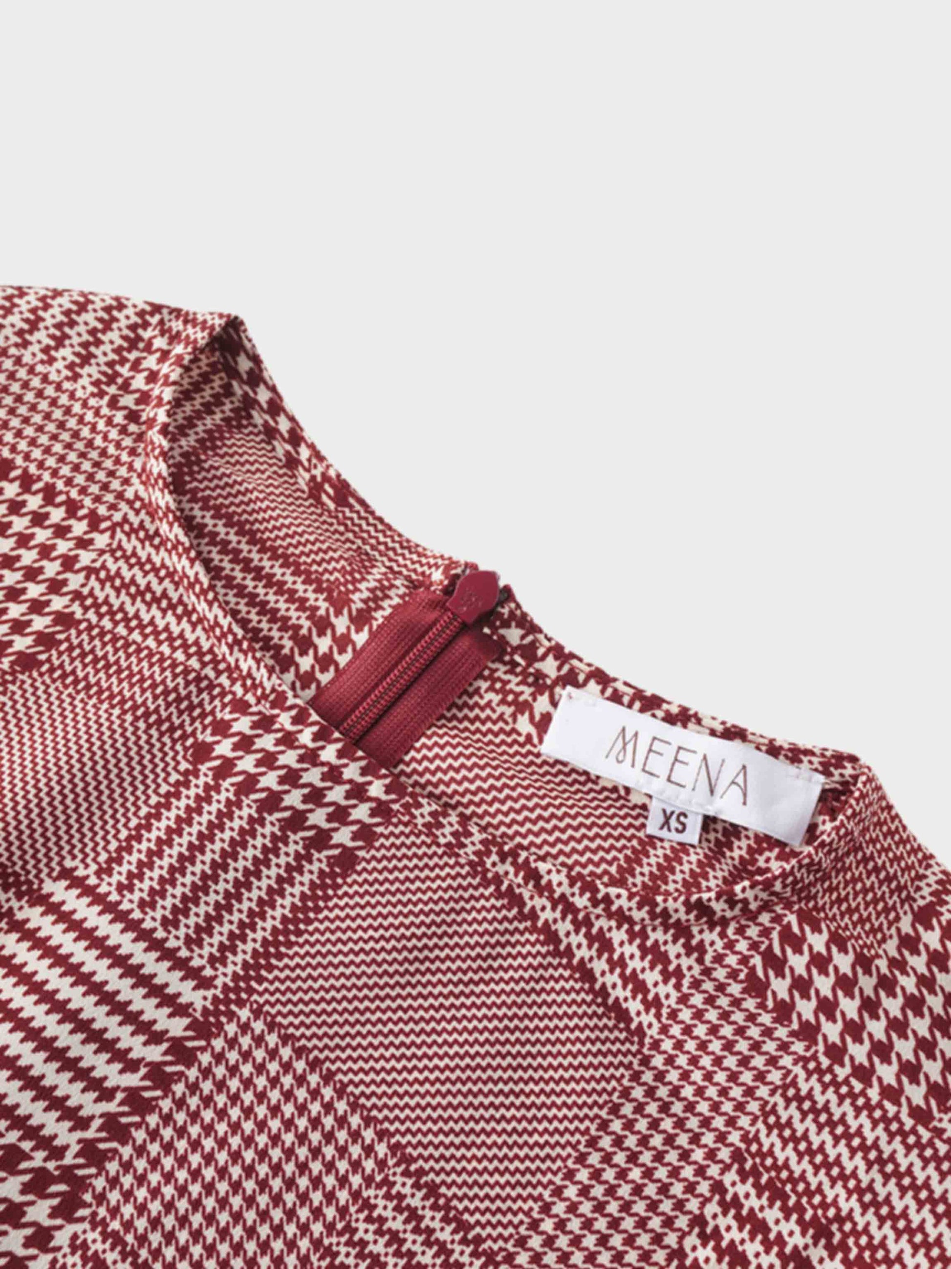 Houndstooth Blouson Sleeve Blouse-Burgundy-3