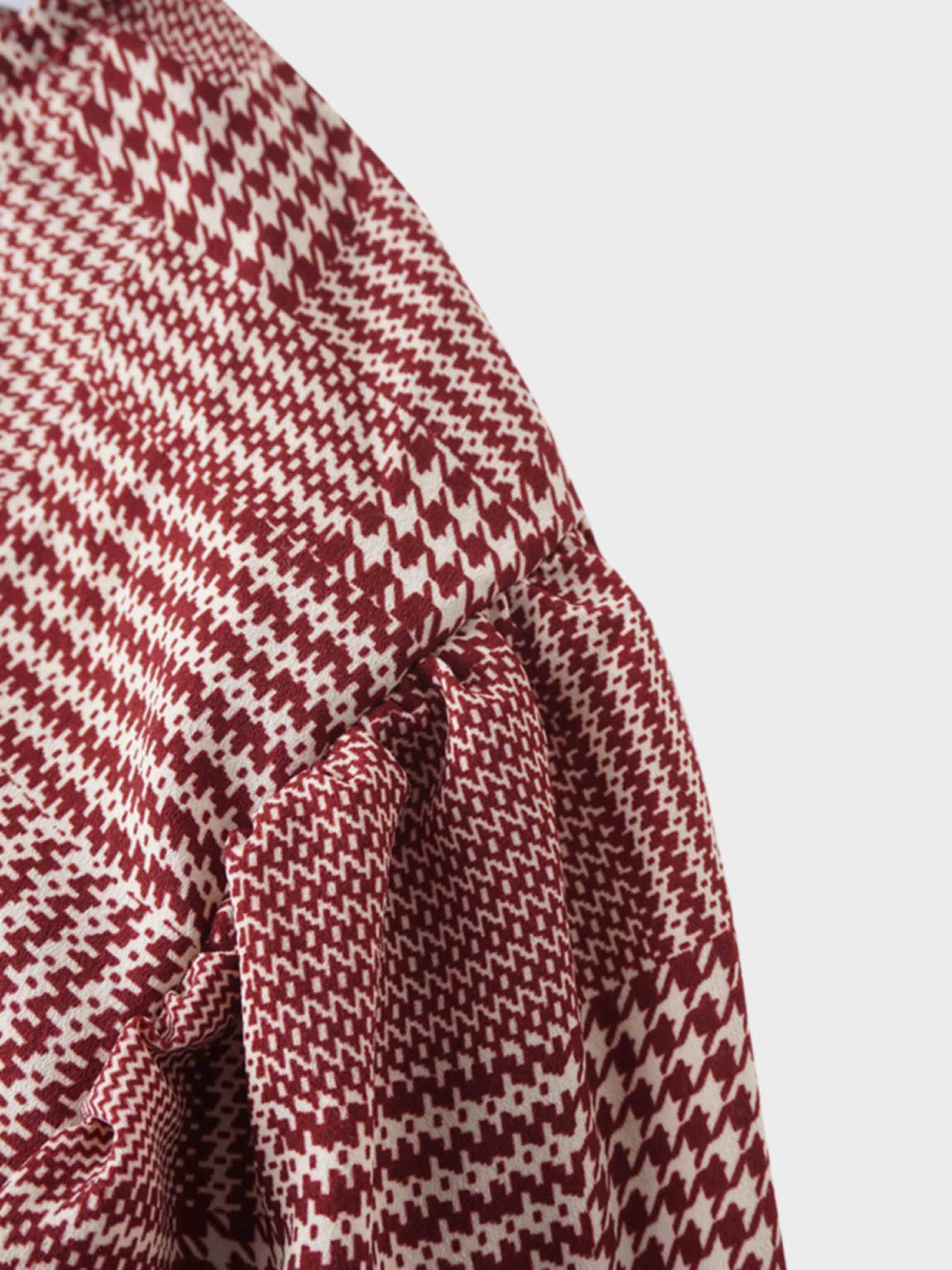 Houndstooth Blouson Sleeve Blouse-Burgundy-4