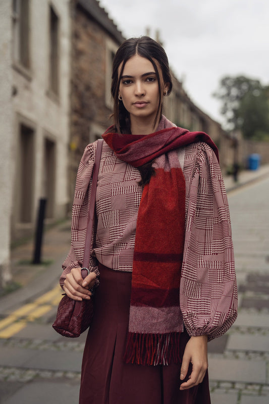 Houndstooth Blouson Sleeve Blouse-Burgundy-0